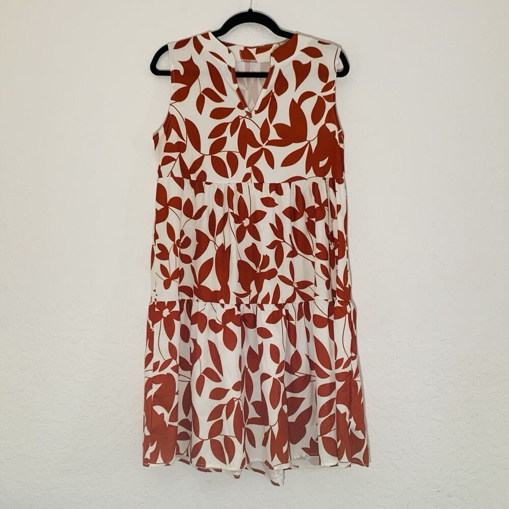Womens Tiered Dress M Ivory Burnt Orange Leaf Sleeveless Feminine Boho‎ Cottage